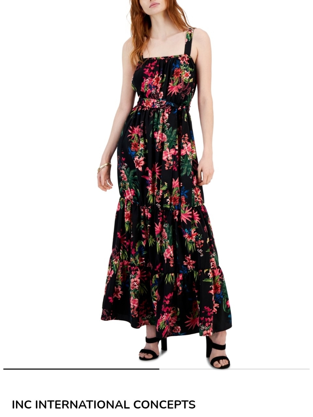 INC International Concepts Black Floral One-Shoulder Tiered Maxi Dress